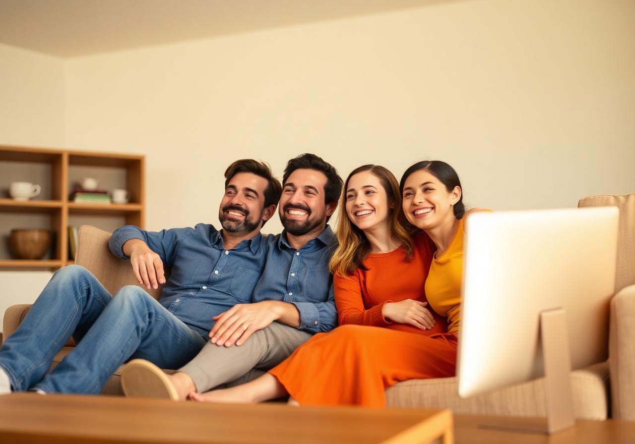Happy family enjoying TV and internet at home