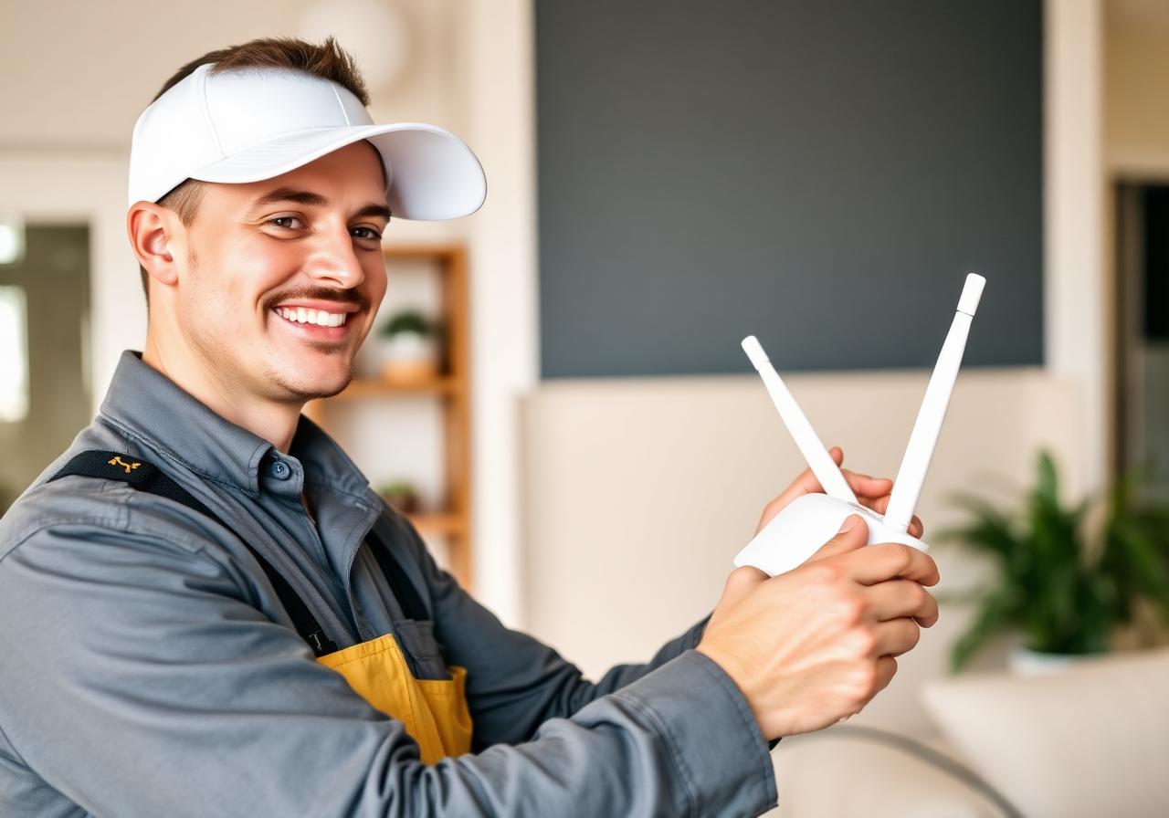 Technician installing a WiFi router